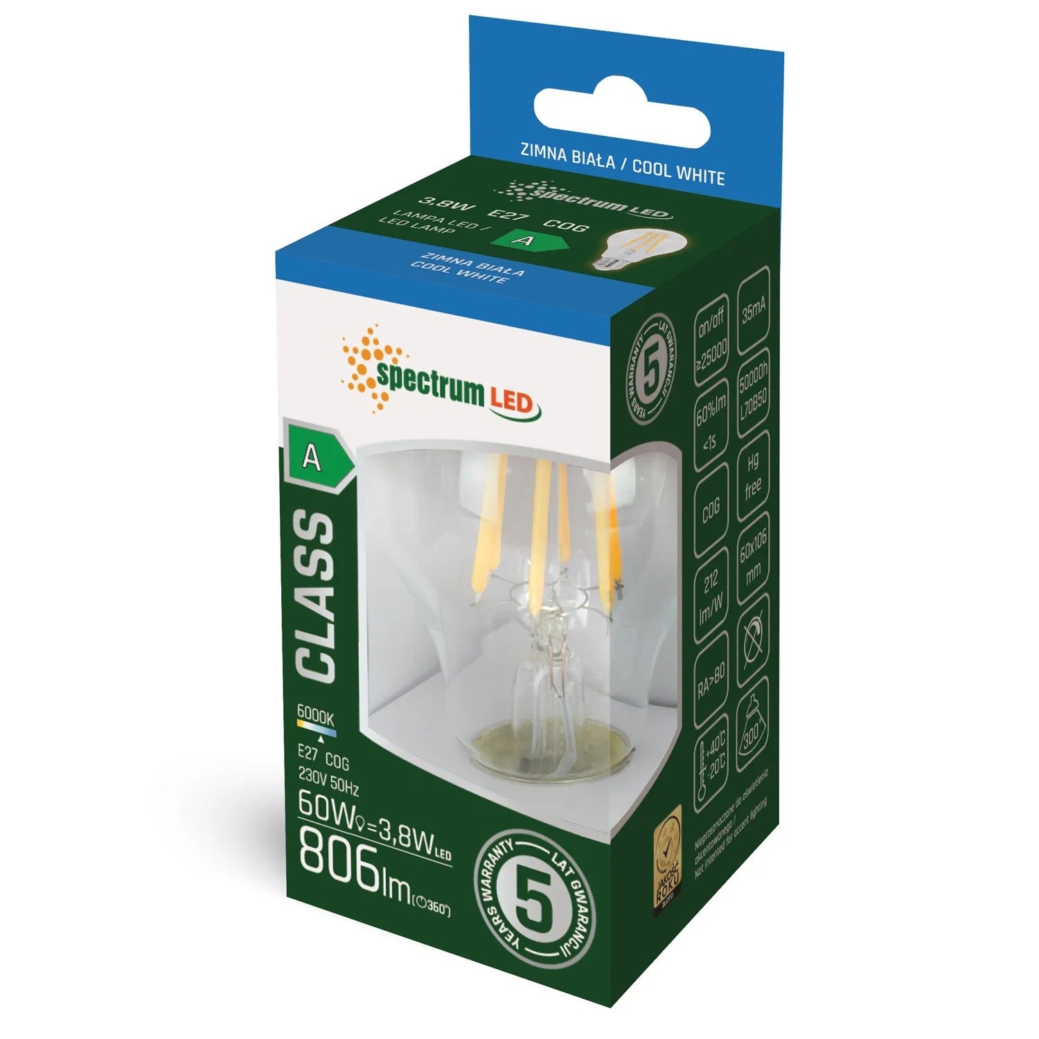 Żarówka LED GLS COG Zimna E-27 3,8W WOJ+14641 2