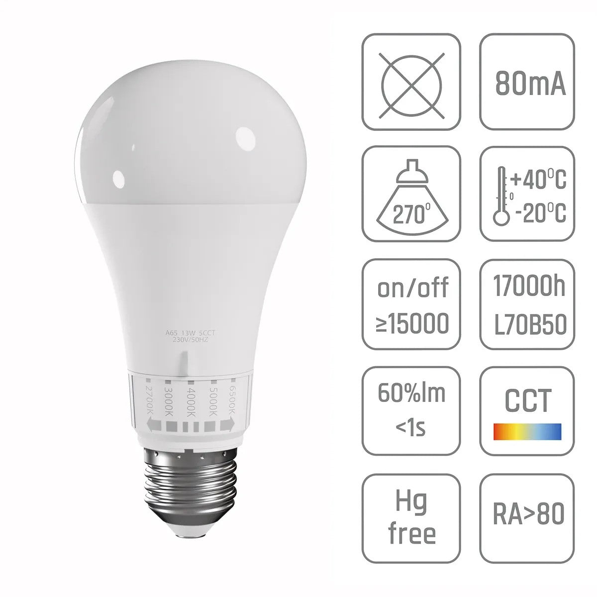 Żarówka LED 5 Barw Światła GLS E27 230V 10W 5CCT 5