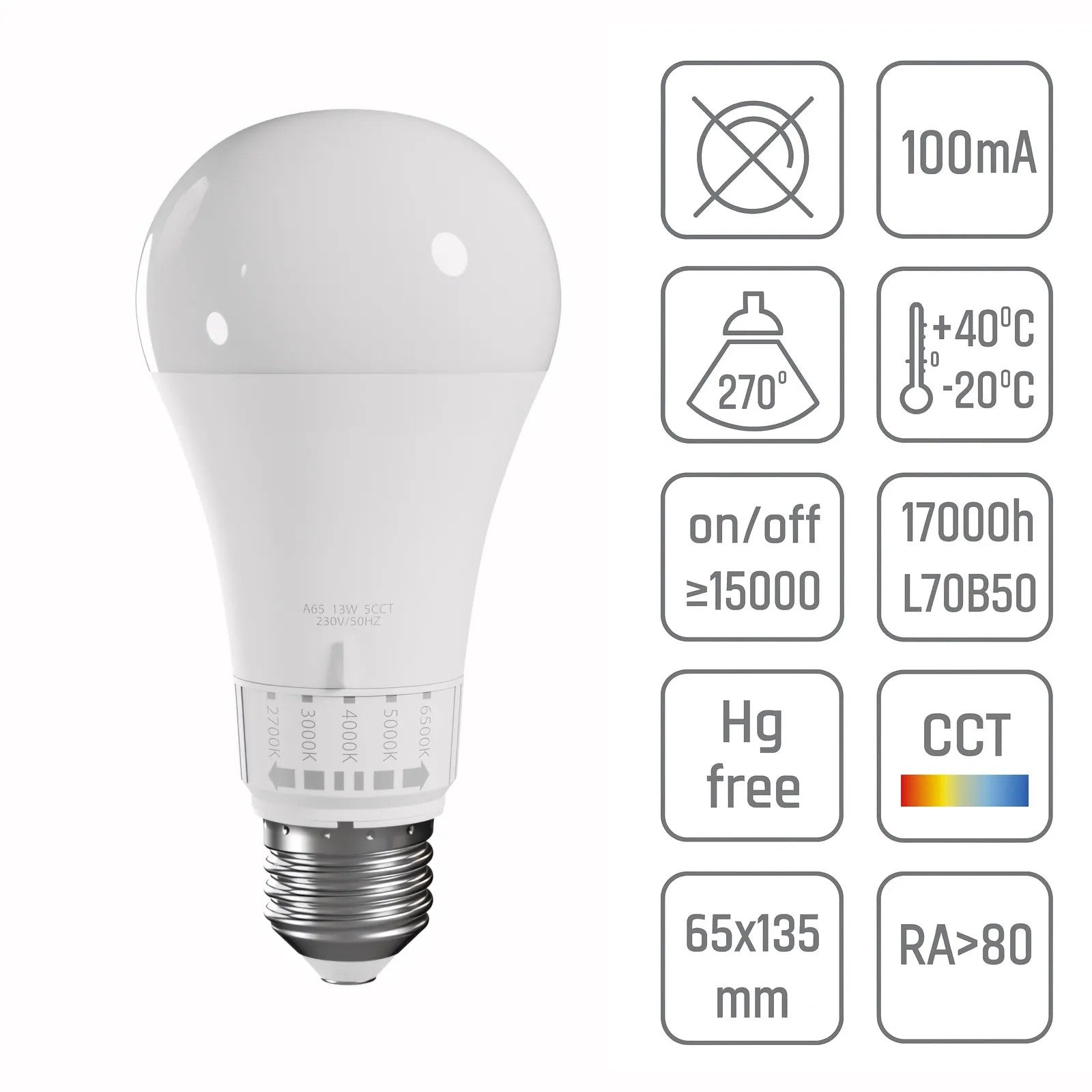 Żarówka LED 5 Barw Światła GLS E27 230V 13W 5CCT 5