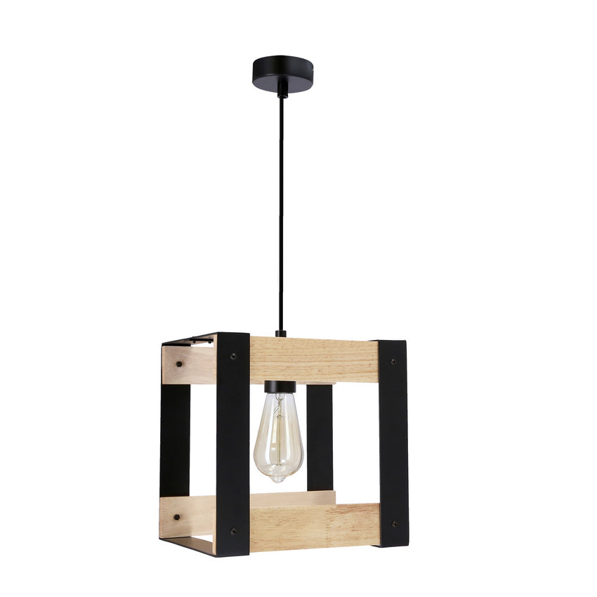 Lampa wisząca czarna metalowa + drewno 40W E27 Varna 31-78513